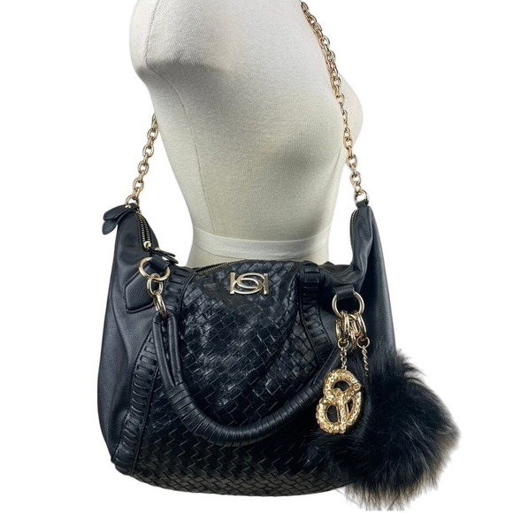VTG‎ BEBE Vegan Shoulder Hobo Purse Black Pretzel Charm Gold Chain McBling Y2K - Picture 1 of 8